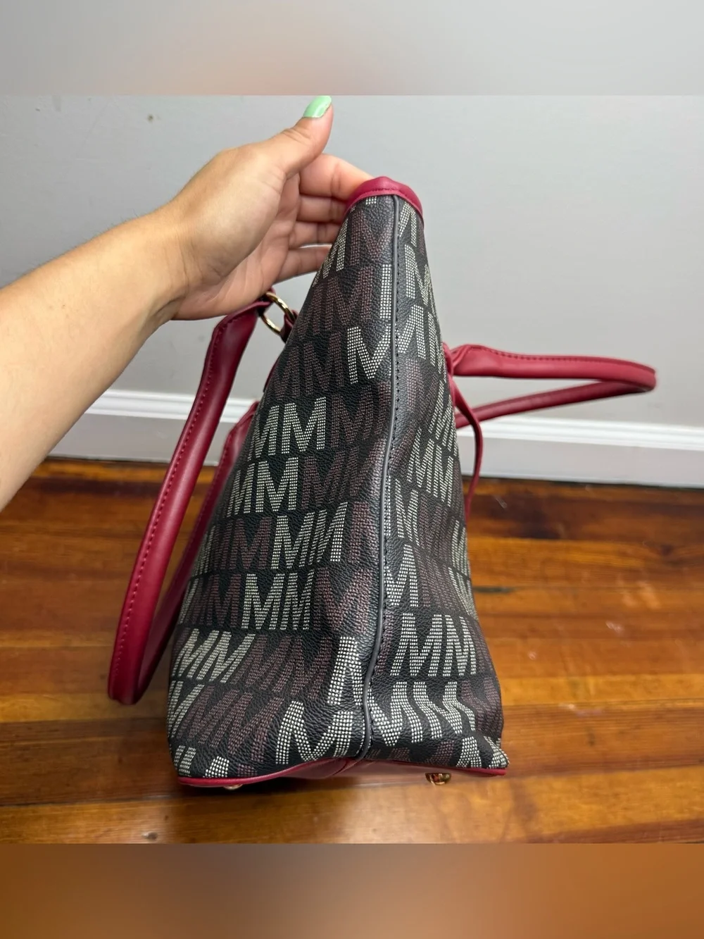 Monogram Tote with Burgundy Trim and Gold Accent